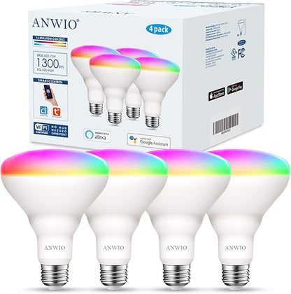 ANWIO Smart Light Bulb BR30 RGB Color Changing LED WiFi Dimmable Multicolor Light Bulbs E26 Base, Compatible with Alexa, Google Assistant, No Hub Required, 1300 Lumen 13W (100W Equivalent) 4 Pack