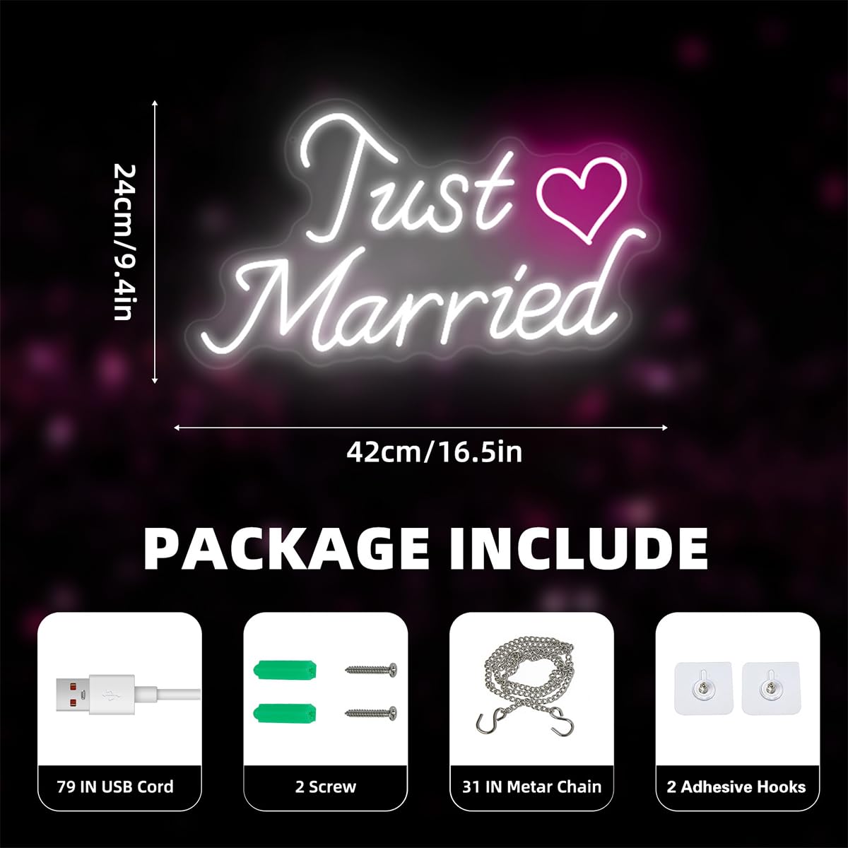 Just Married Neon Sign for Wedding Decor, Just Married Sign Wedding Ceremony Backdrop Decorations Gift for Reception, 16.5 x 9.4 inch