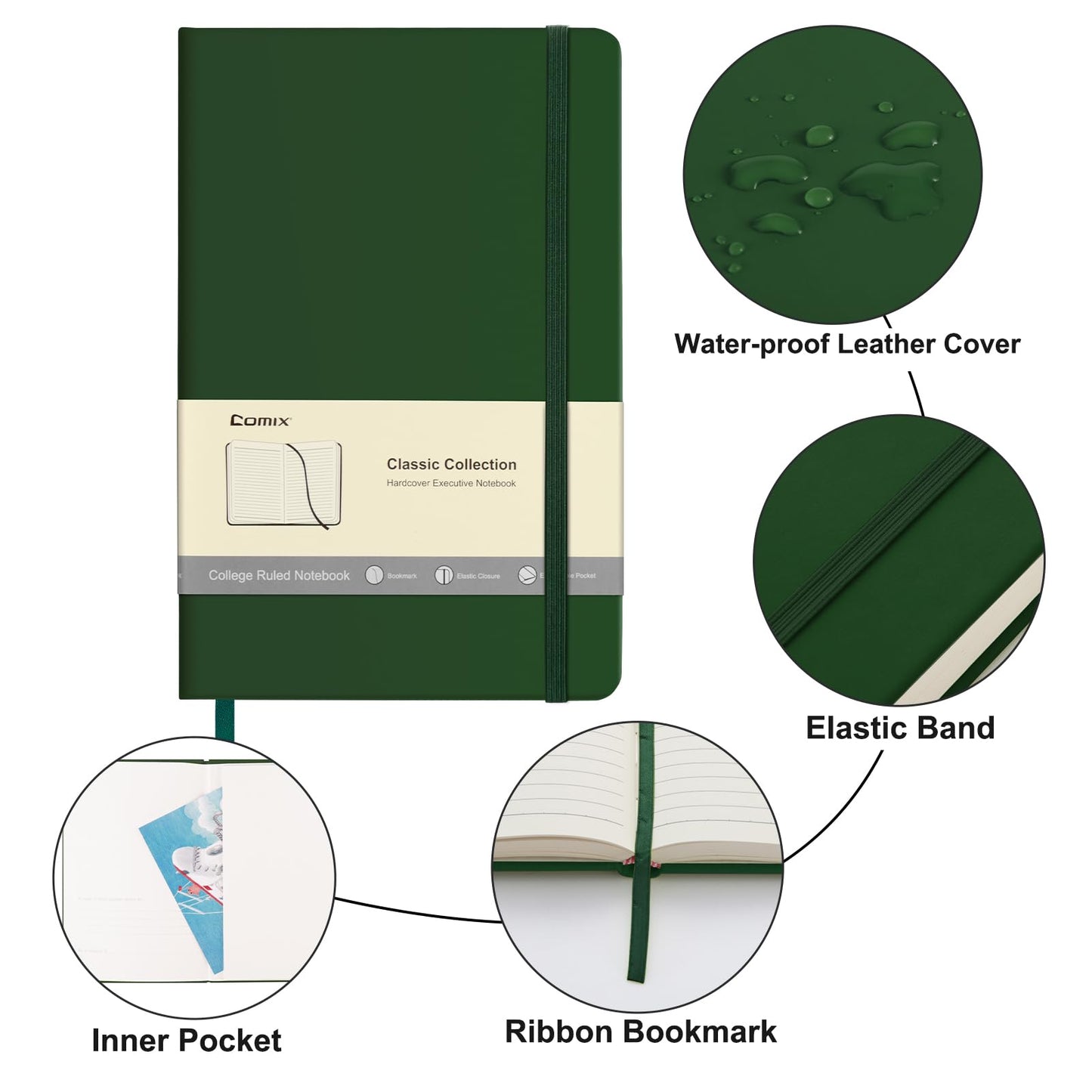 Comix 6 Pack Lined Journal Notebooks for Work, 240 Pages, 5.5"x8.3", Dark Green, Hardcover, A5 Medium College Ruled, Journaling Notebooks for Notes-Taking, Fits for Office School Home