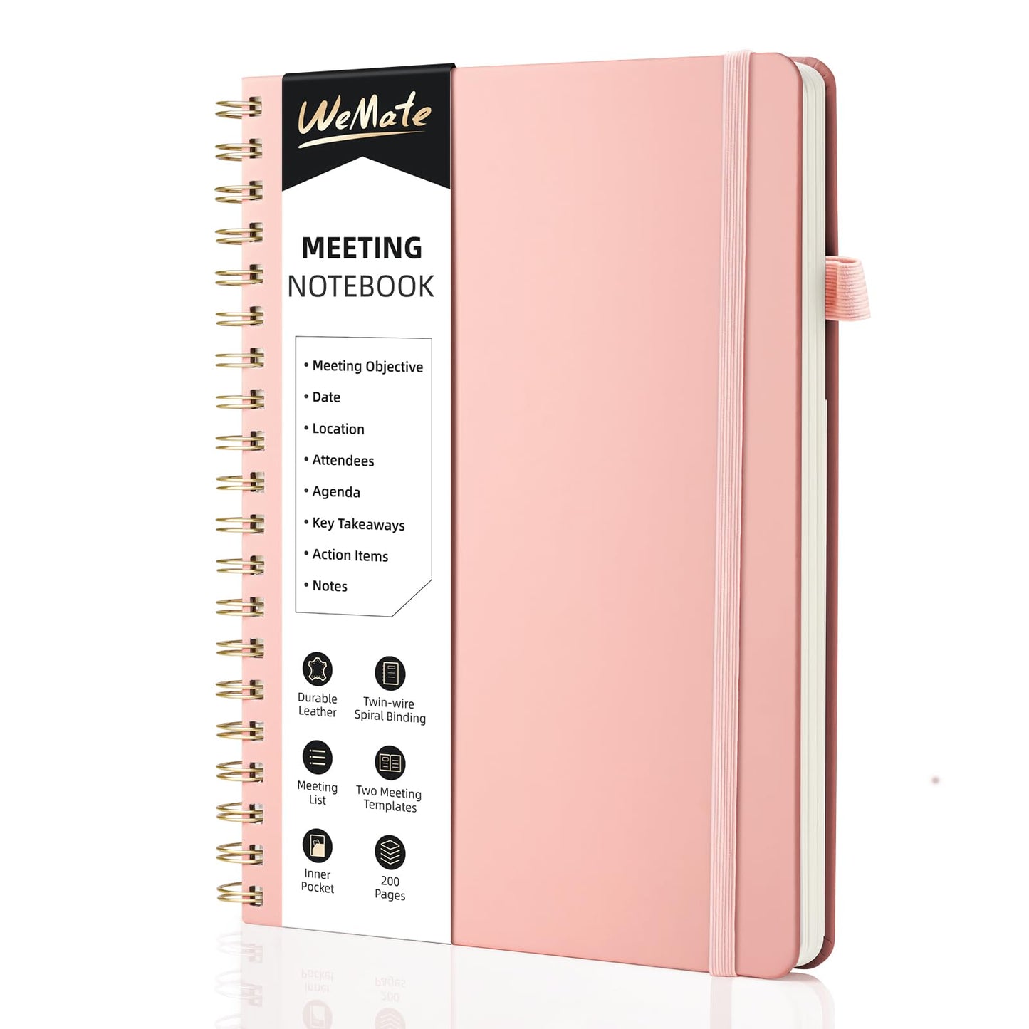 WEMATE Meeting Notebook for Work B5 (7"x10") - PU Leather Work Notebook with Agenda, Action Items & Notes - 200 Pages for Men&Women, Staff and Students, Meeting, Projects Planning -Rose Gold