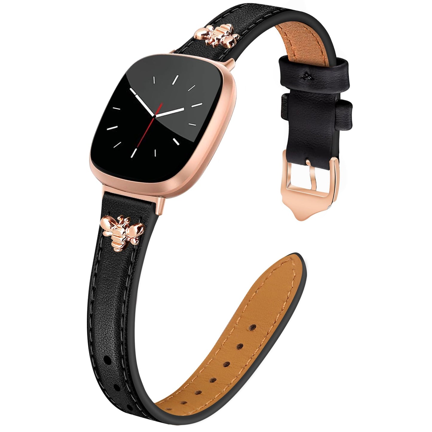 JR.DM Slim Leather Bands Compatible with Fitbit Versa 4/Versa 3/Sense 2/Sense Band, Top Genuine Soft Leather Band with Charms, Feminine Designer Strap for Fitbit Smartwatch, Black Rose Gold