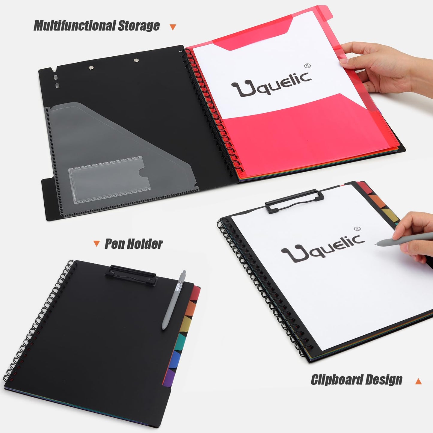 Uquelic Clipboard with Folder Organizer, 12 Pockets Project Organizer - Refillable Lined Notepad (11" x 8.5"), Hardcover Project Organizer with Stay-Put Tabs (Macaron 1 Pack)