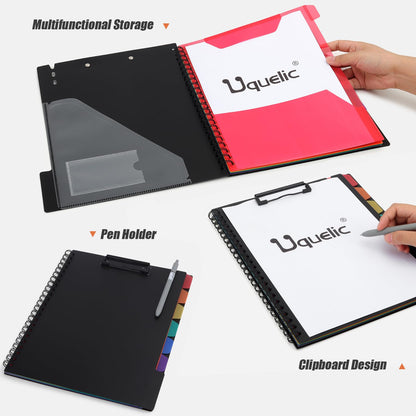 Uquelic Clipboard with Folder Organizer, 12 Pockets Project Organizer - Refillable Lined Notepad (11" x 8.5"), Hardcover Project Organizer with Stay-Put Tabs (Macaron 1 Pack)