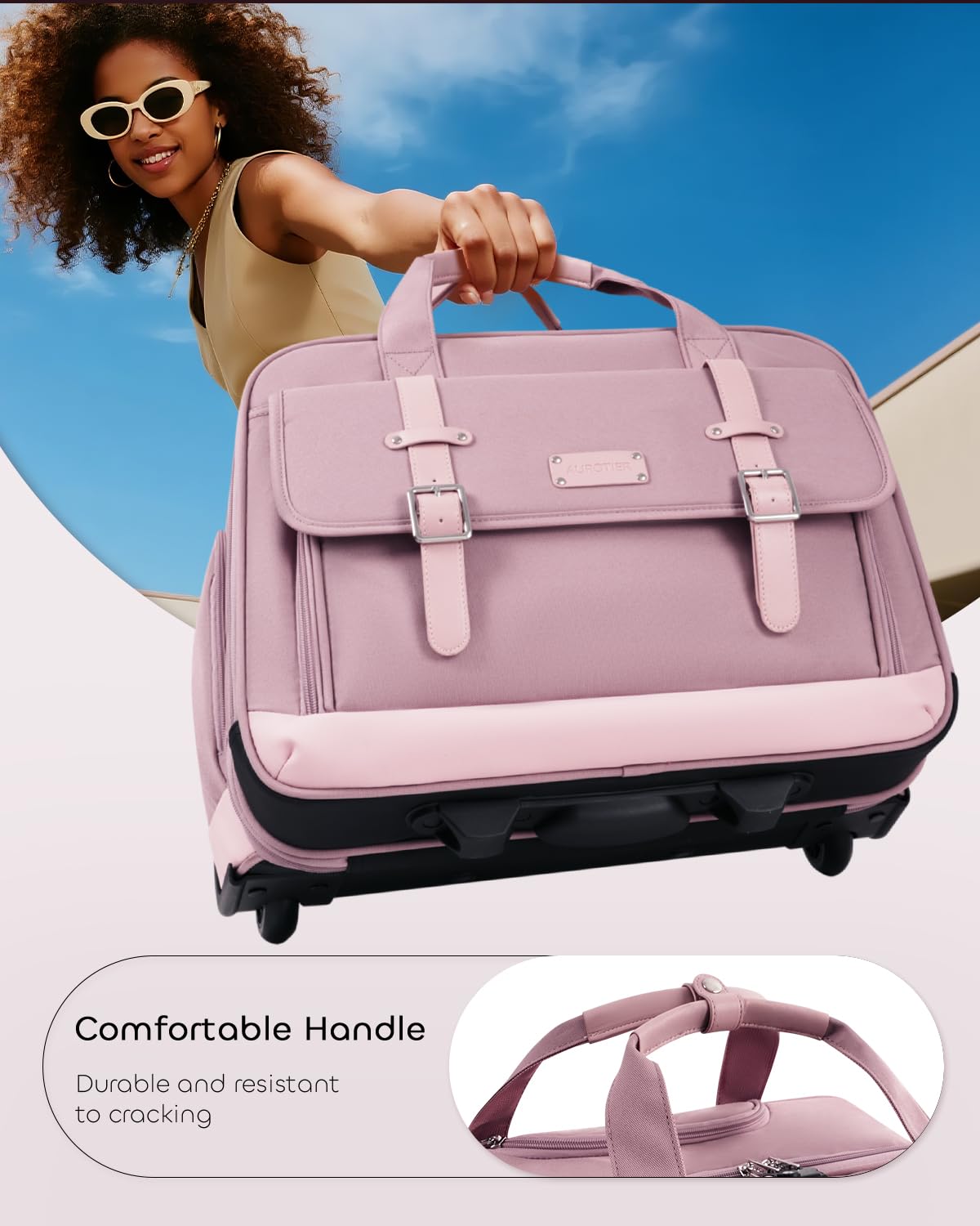 AUROTIER Rolling Laptop Bag Women, Rolling Briefcase for Women with Dual Lock, 16 Inch Computer Bag with Wheels, Roller Underseat Carry On Luggage Personal Item Suitcase for Work Travel Business