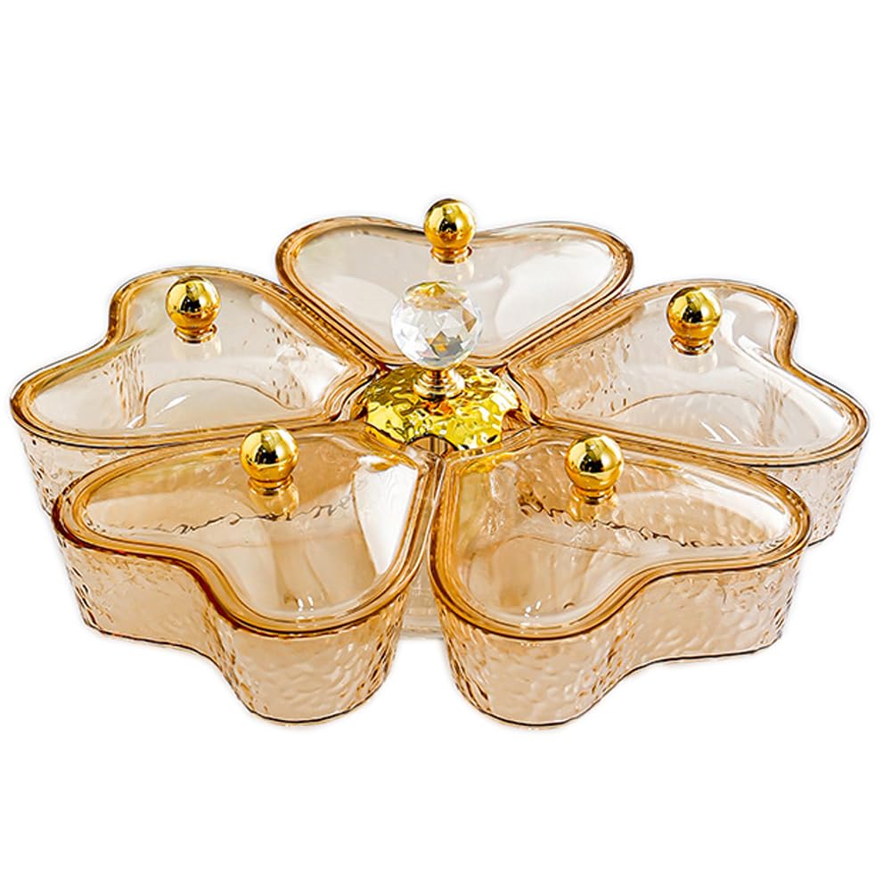 Leholao Divided Rotating Serving Tray with Lid and Handle, Portable 5 Compartments Snackle Box for Fruits, Candy, Snacks, Veggie, Nuts, Snack Spinner Organizer, Gold,11.2" L