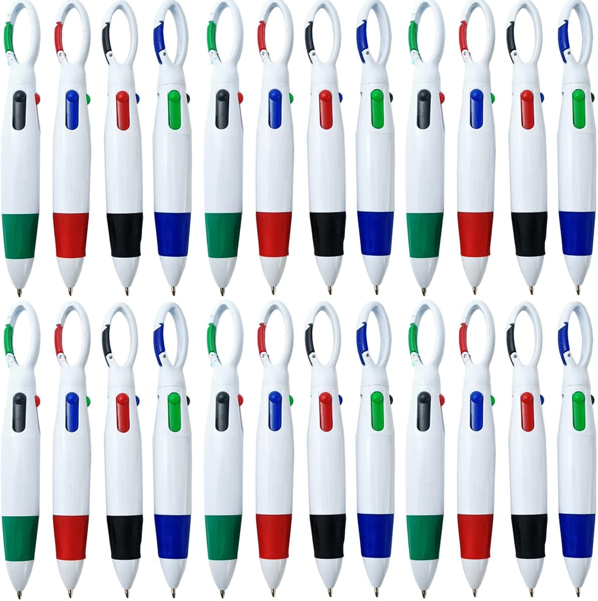 NSBELL 24PCS Plastic Carabiner Shuttle Pens 4-in-1 Retractable Ballpoint Pens Multicolor Pens with Buckle Keychain on Top for Office School Supplies Students Children Gift