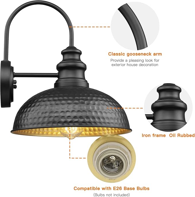 Farmhouse Outdoor Barn Light Fixtures, 12 Inch Dome Gooseneck Exterior Wall Lights, Rustic Outdoor Wall Sconces Outside Wall Mount Lantern with Bead Shape for Home, Porch, Garage, Doorway