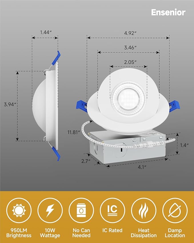 Ensenior 4 Pack 4 inch 5CCT LED Gimbal Led Recessed Light with Junction Box, 360°+90° Adjustable Directional Eyeball Lighting, Dimmable, 2700K/3000K/3500K/4000K/5000K, 950LM, 10W=85W-ETL&FCC