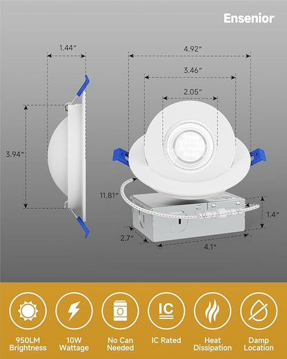 Ensenior 4 Pack 4 inch 5CCT LED Gimbal Led Recessed Light with Junction Box, 360°+90° Adjustable Directional Eyeball Lighting, Dimmable, 2700K/3000K/3500K/4000K/5000K, 950LM, 10W=85W-ETL&FCC