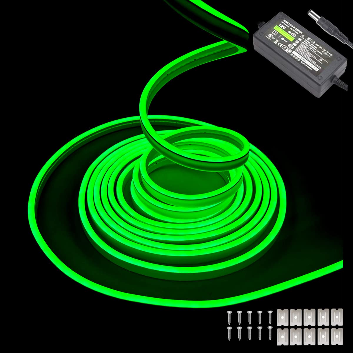 Maxlaxer Green Neon LED Strip Lights, 16.4ft 12V Waterproof Flexible Light for Indoor/Outdoor Decoration (Includes Power Adapter)
