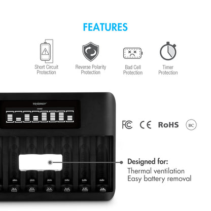 Tenergy TN480U 8-Bay LCD Display Fast Charger for NiMH/NiCD AA AAA Rechargeable Batteries with Mirco USB and USB Type C Input for AA and AAA Rechargeable Batteries