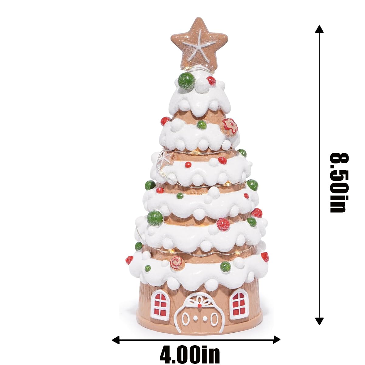 Hodao Christmas Village House Decorations Gingerbread House with Xmas Tree Theme, Battery-Powered (2 AAA) 8.6" H Resin Christmas Tree Decor for Indoor Festive Home or Party (Tree-1)