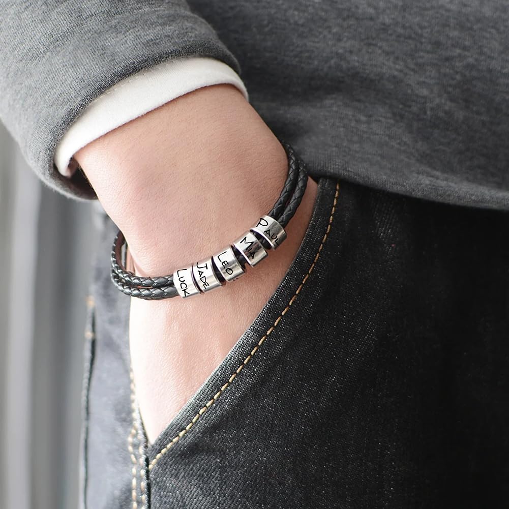 ShineSand Personalized Mens Leather Bracelet with Custom Beads, Customized Braid Leather Bracelet Engraved with Names for Men