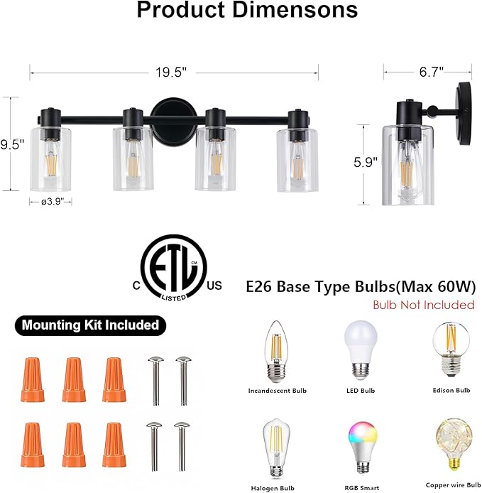 4 Light Bathroom Wall Light Fixtures Black Bathroom Wall Sconce with Clear Glass Lights Over Mirror Vanity Lights E26 Base