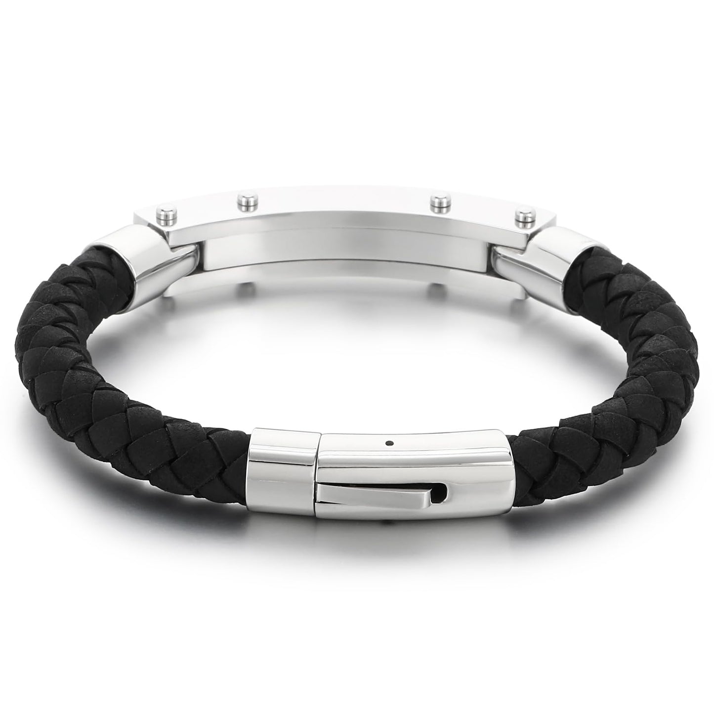 Azubpi Black Braided Leather Bracelet for Men, Stainless Steel Push-In Clasp Casual Fashion Jewelry Gift for Him