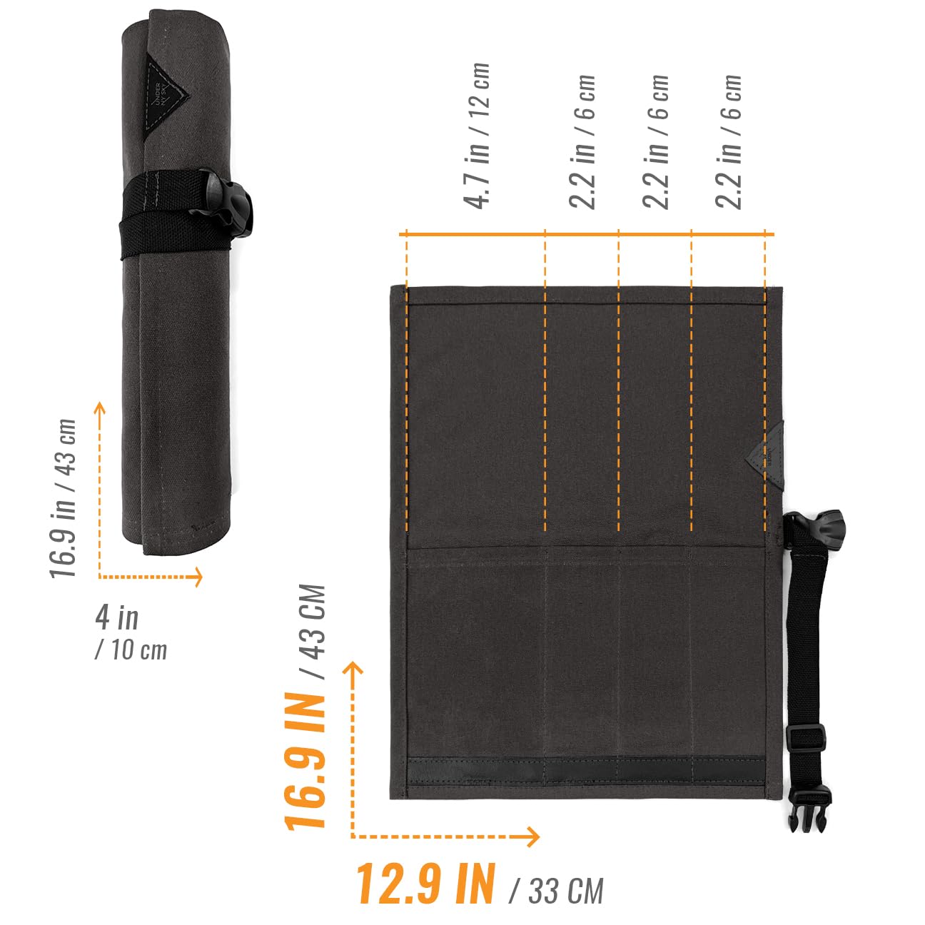 Under NY Sky Knife Roll Case - 4 Slots - Heavy Duty Waxed Canvas Pouch - Leather Reinforced - Portable Bag for Cooking Tools, Utensils, Cutlery Knives, Brushes - Chefs, Kitchen, Travel, Gift - GrayCV
