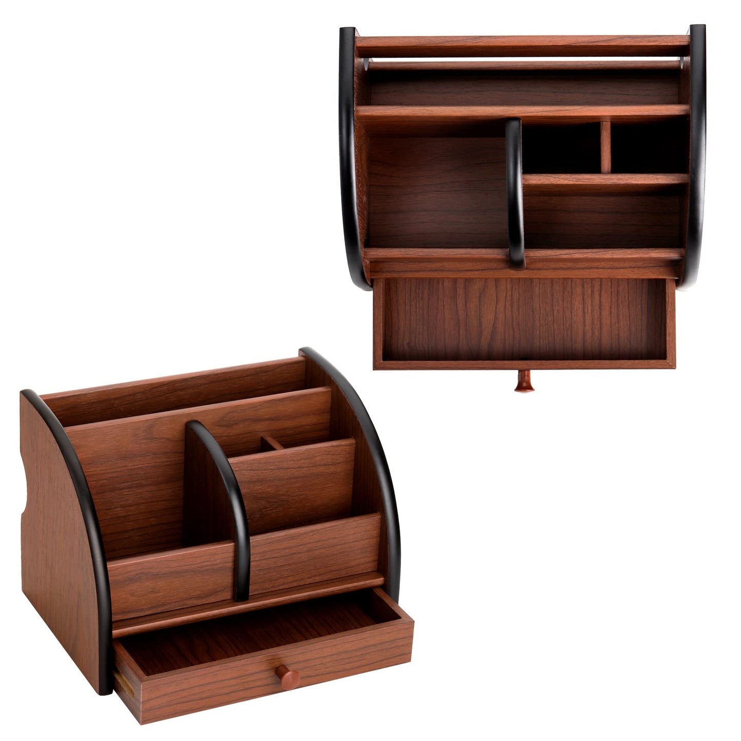 Foraineam Wooden Desk Organizer with Drawer, Remote Control Holder Caddy, Makeup Organizers, Wood Pencil Holder Desktop Supplies and Stationery Rack for Home Office School Tabletop Accessories Storage