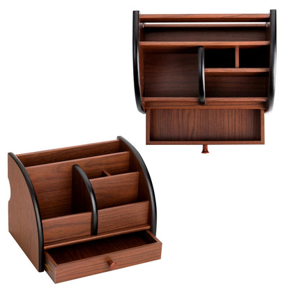 Foraineam Wooden Desk Organizer with Drawer, Remote Control Holder Caddy, Makeup Organizers, Wood Pencil Holder Desktop Supplies and Stationery Rack for Home Office School Tabletop Accessories Storage