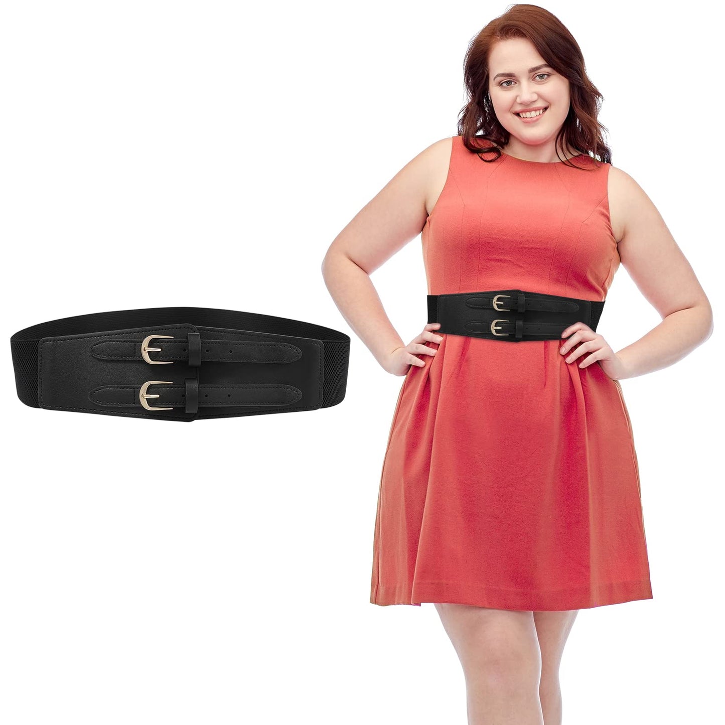 AWAYTR Double Buckle Women's Elastic Belt - Ladies Stretchy Wide Waist Leather Belts for Dresses Jeans(Black 31-33.5")