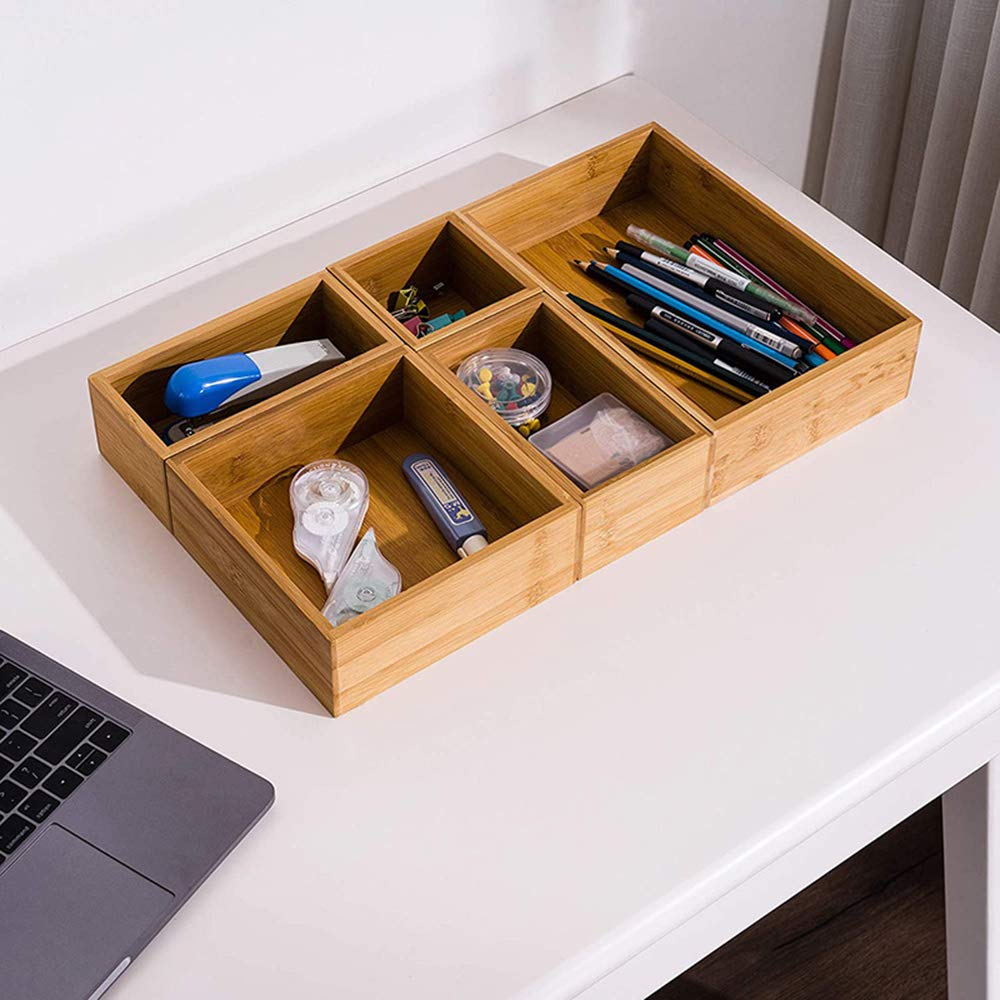 Lawei Set of 5 Bamboo Drawer Organizer Boxes, Desk Storage Box Kit, Drawer Storage Containers Tray Bins for Office, Kitchen, Bedroom, Children Room, Craft, Sewing