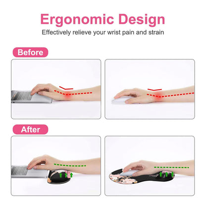MOSISO Wrist Rest Support for Mouse Pad&Keyboard Set, Curved Peony Ergonomic Mousepad&Coaster Non-Slip Base Home/Office Pain Relief&Easy Typing Cushion with Neoprene Cloth&Raised Memory Foam, Black
