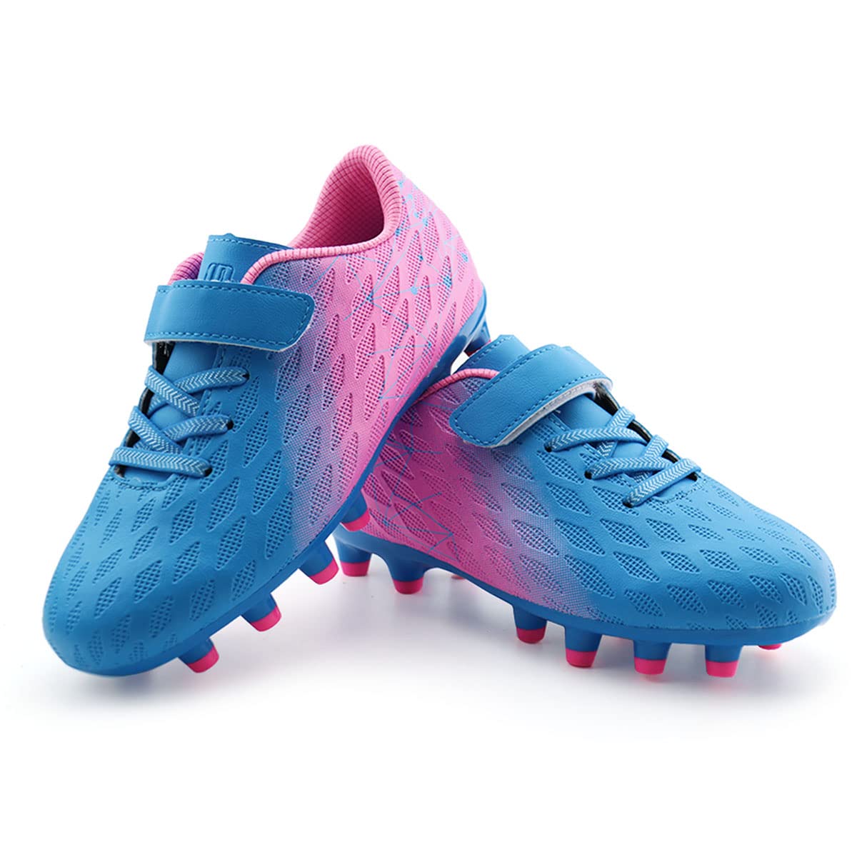 brooman Kids Firm Ground Soccer Cleats Boys Girls Athletic Outdoor Football Shoes(3.5,Blue Pink)