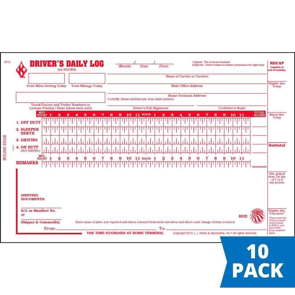 Driver Daily Log Book 10-pk. with Detailed Driver Vehicle Inspection Report & Simplified Recap - Book Format with 31 Sets, 2-Ply with Carbon, 8.5" x 5.5", J. J. Keller & Associates, Inc.