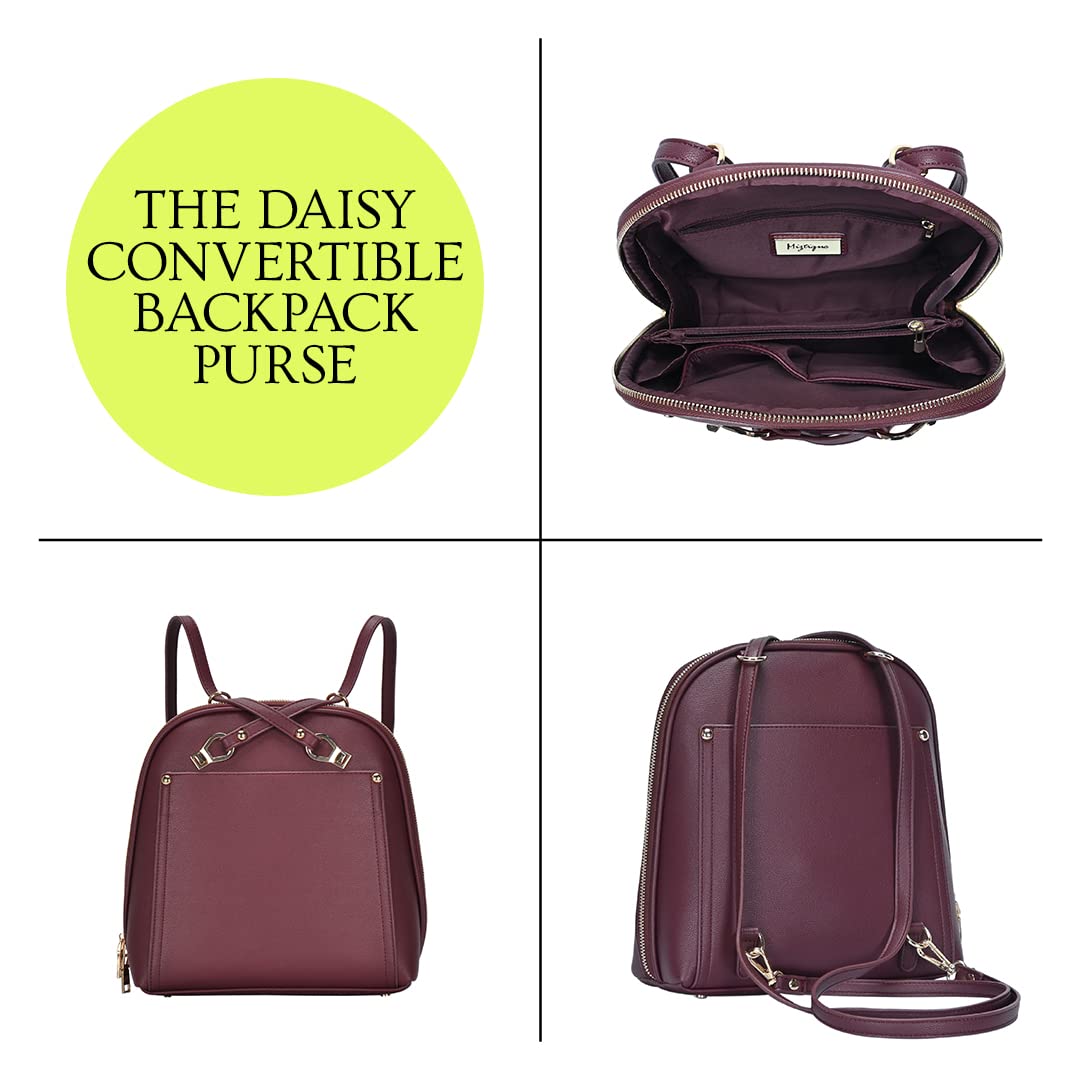 MMS Brands Miztique Daisy Convertible Backpack Purse for Women | Vegan Leather Shoulder Strap Bag or Convertible Backpack | (Berry)