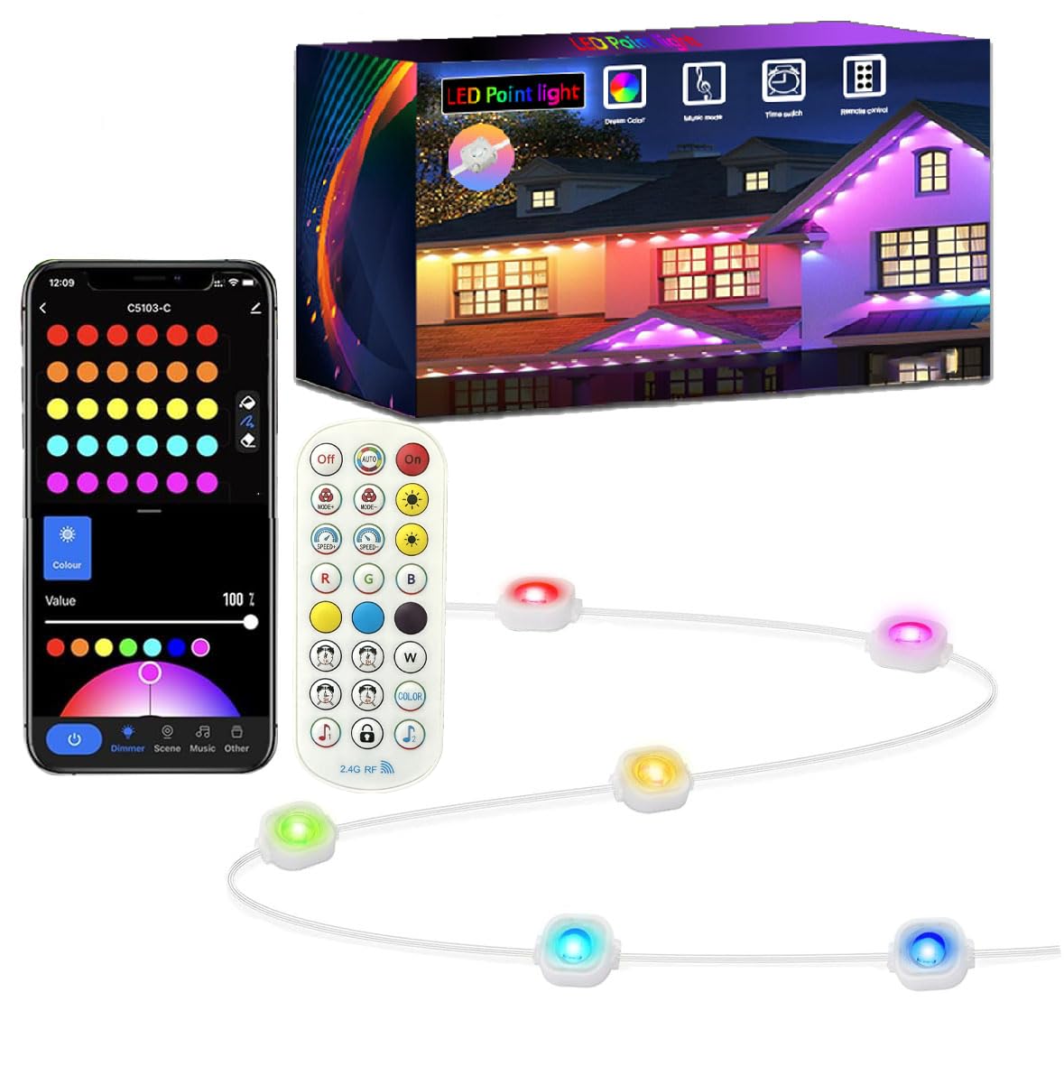 LIANWO100FT RGB Eaves Lights with App & Remote Control, IP67 Waterproof Outdoor Lighting, DIY Scene Modes for Garden, House, Party, Holiday Decor (Permanent Installation)