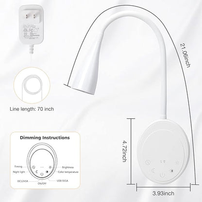 LED Wall Mounted Reading Light, Book Light for Reading in Bed with Touch Control, 5 Dimmable, USB Output, Night Light & Timers Function, Flexible Gooseneck Headboard Bed Lights (White)