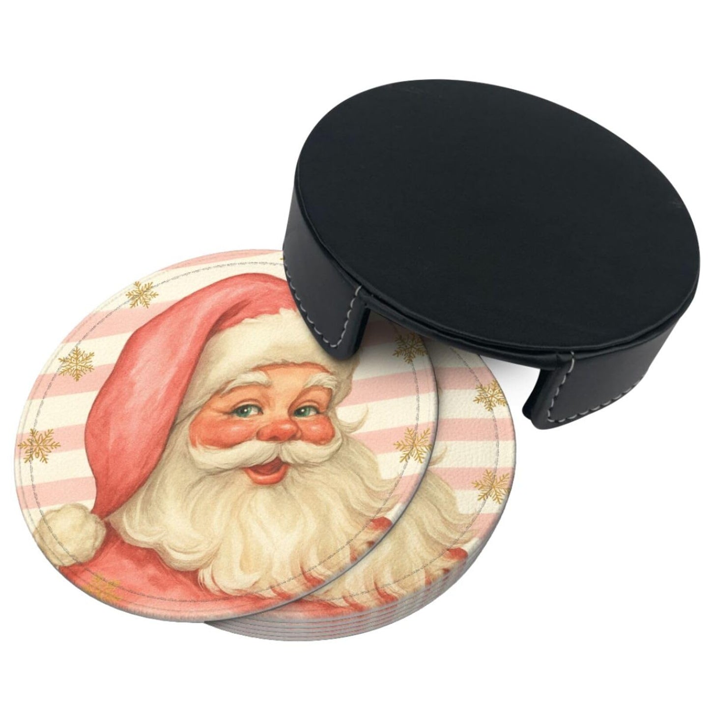 Pink Christmas Santa Claus Striped Coasters for Drinks, Drink Coaster with Holder Set of 6 Round Leather Cup Table Mats for Tabletop Protection Coffee Bar Decor