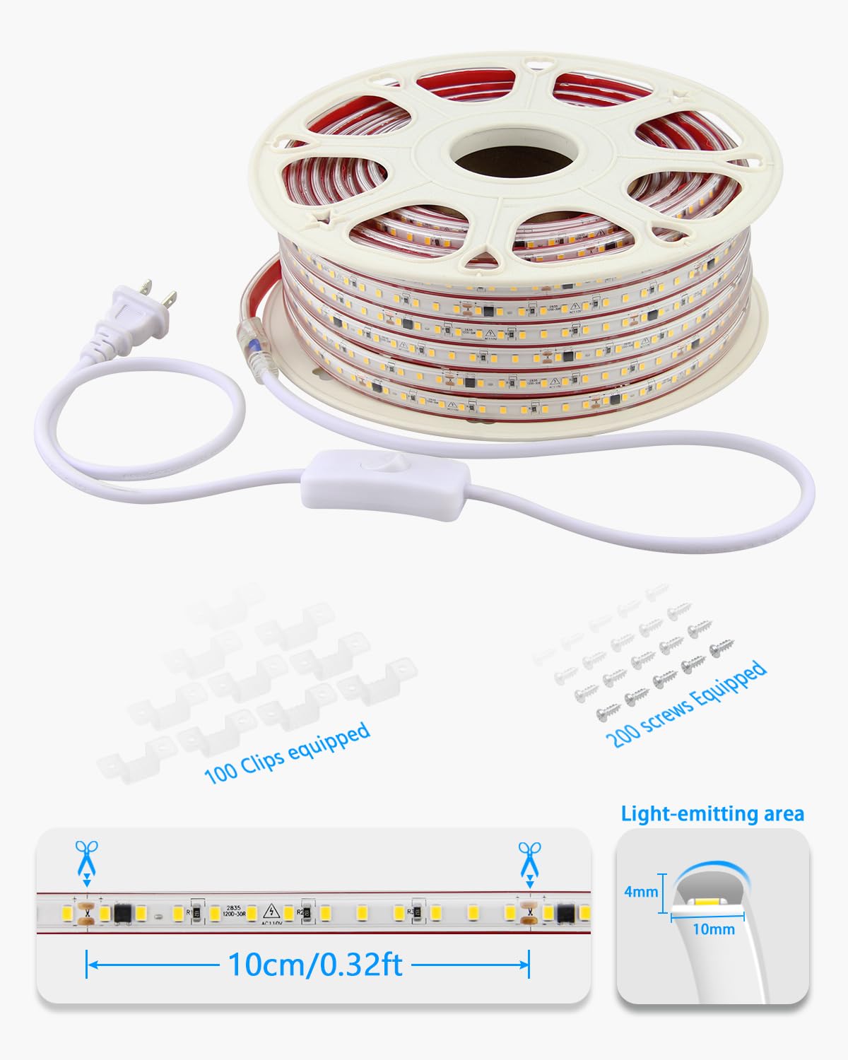 Samsion Outdoor LED Strip Lights Waterproof 100FT Self-Adhesive Warm White AC 110V-120V LED Rope Light with Switch Plug in SMD 2835 120LED/M Ultra Bright for Christmas Home Indoor Outdoor Decor IP67