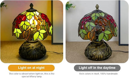 Small Tiffany Table Lamp Stained Glass Nightstand Lamps Bedside Purple Grape Desk Light for Office Bar Retro Bedroom Living Room,7.87 inch