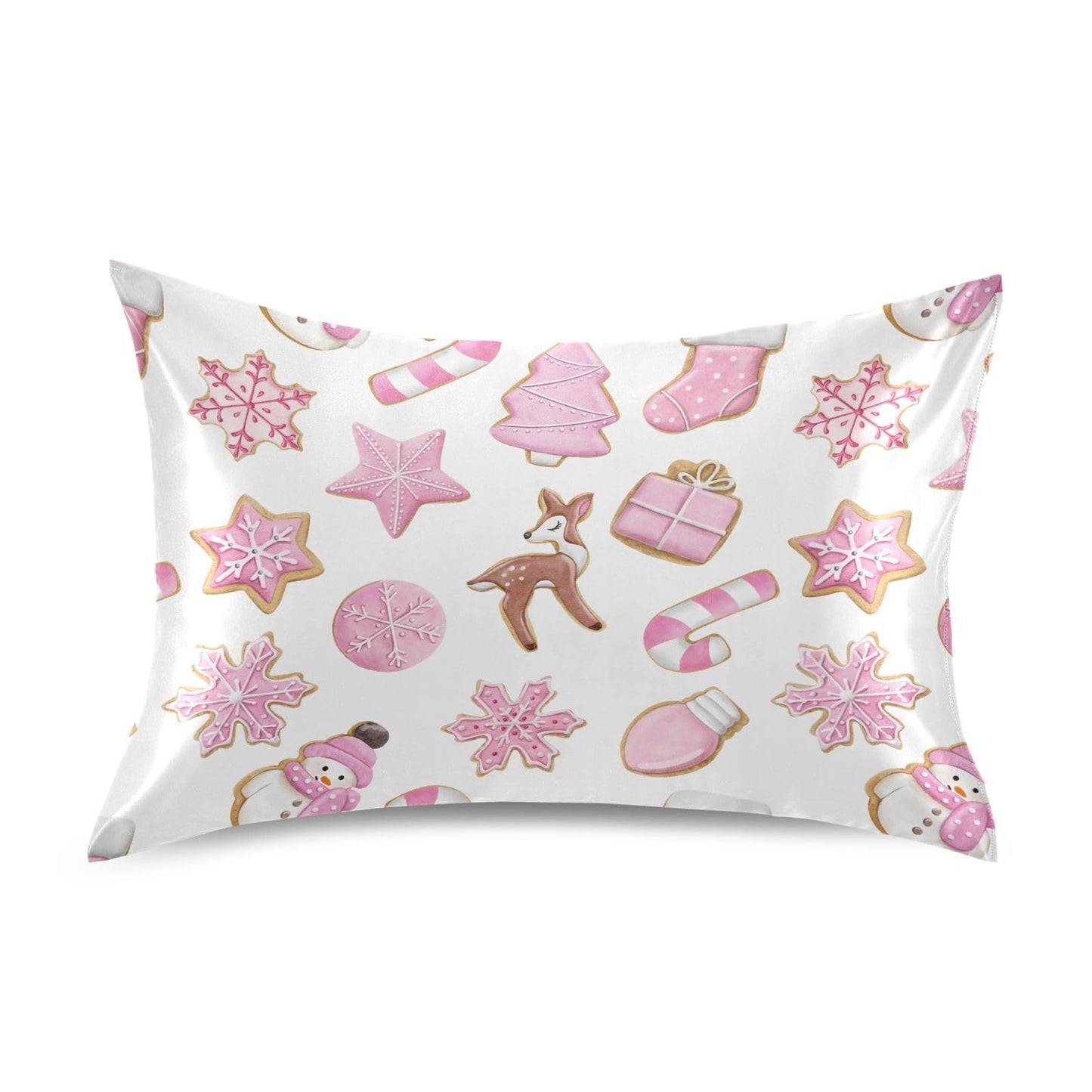 Dalzium Christmas Satin Pillowcase for Hair and Skin, Pink Gingerbread Cookies Silk Pillow Case Soft and Cozy Body Pillow Covers Standard Size with Envelope Closure