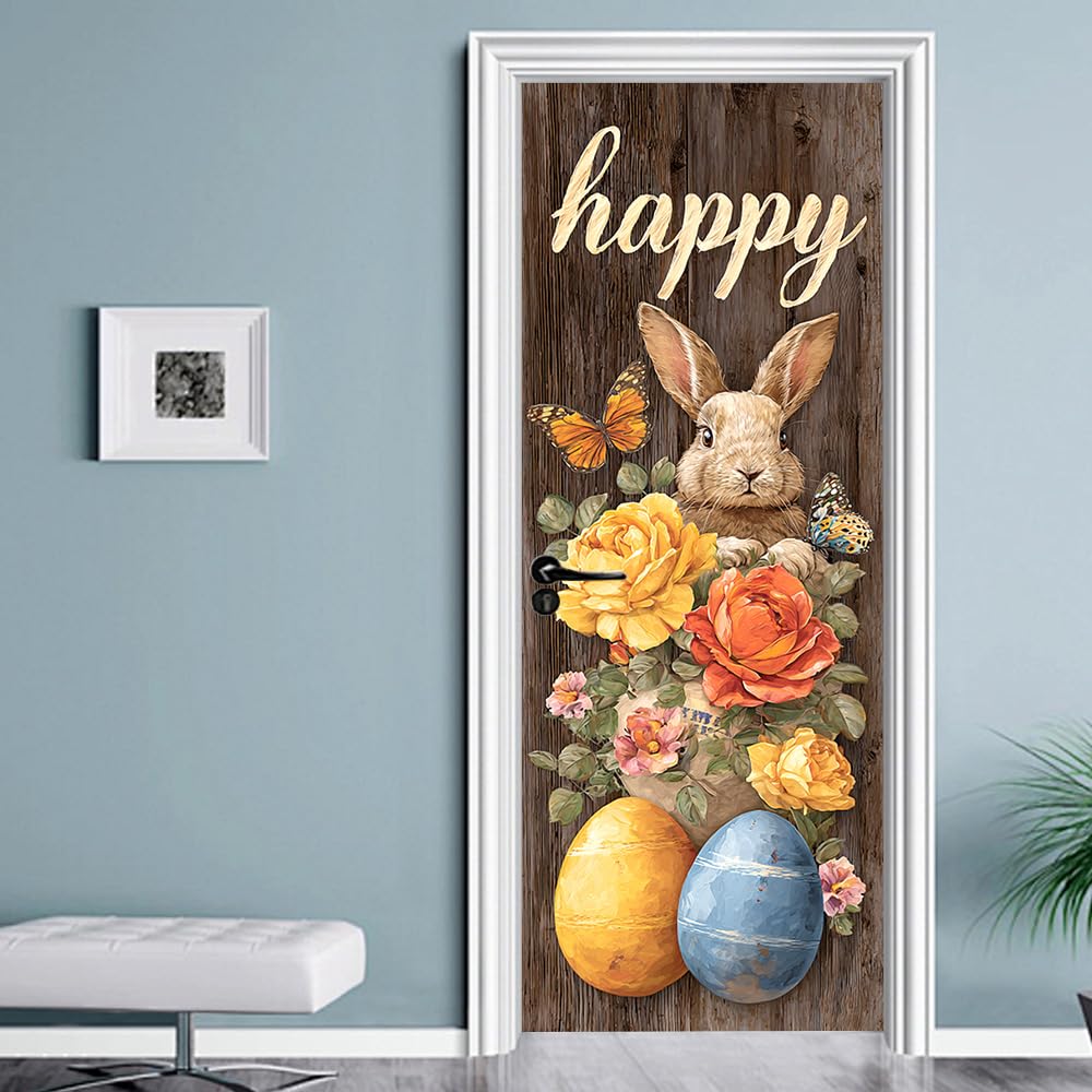 WDESYADMS PVC Self Adhesive Door Sticker 30.3x78.7 Inch Easter Bunny with Flowers and Eggs Design Peel and Stick Decorative Door Decal for Bedroom Living Room Entryway Spring Home Decor