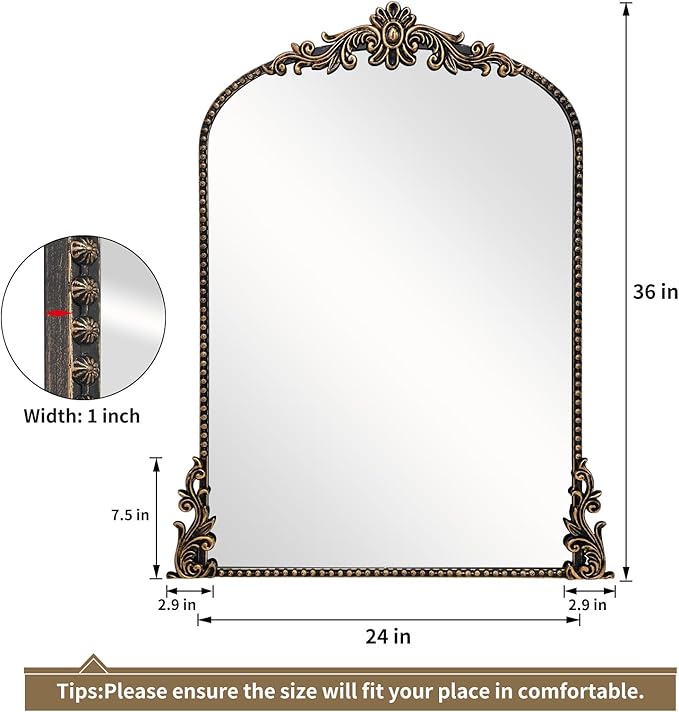 Growsun Vintage Black Arched Mirror, 24’’x36’’ Antique Baroque Ornate Wall Mirror Decor with Full Metal Frame for Fireplace/Entryway/Living Room/Bathroom