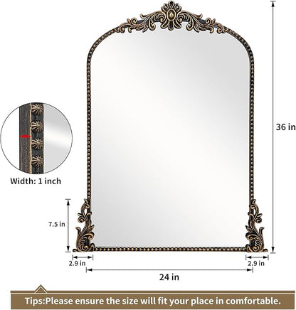Growsun Vintage Black Arched Mirror, 24’’x36’’ Antique Baroque Ornate Wall Mirror Decor with Full Metal Frame for Fireplace/Entryway/Living Room/Bathroom