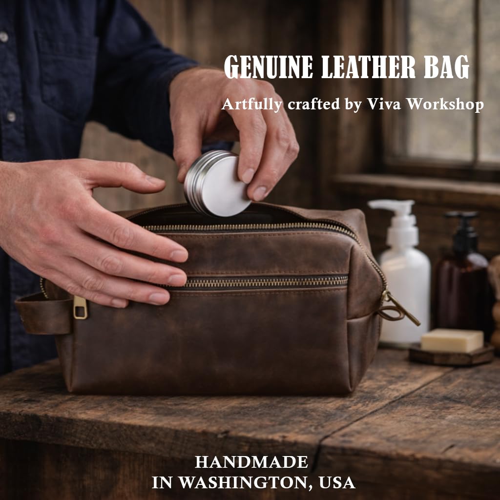 Mens Leather Toiletry Bag – Dopp Kit Handmade in USA – Full Grain Leather Organizer Bag with Waterproof Lining for Travel, Toiletries, Shaving Kit – Gifts for Men, Husband, Dad, Boyfriend