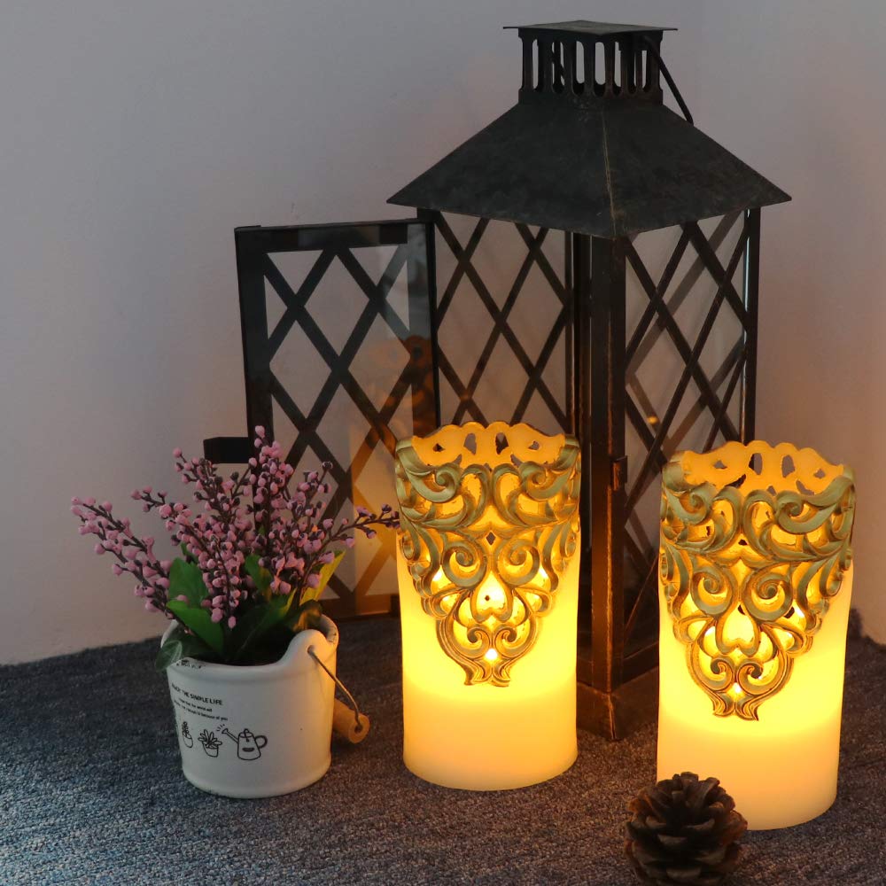 Eldnacele Flameless Christmas Gold Candles with 5H Timer, Flickering Real Wax Battery Operated Pillar Candles for Christmas Holiday Decoration Gold (D3 x H6)
