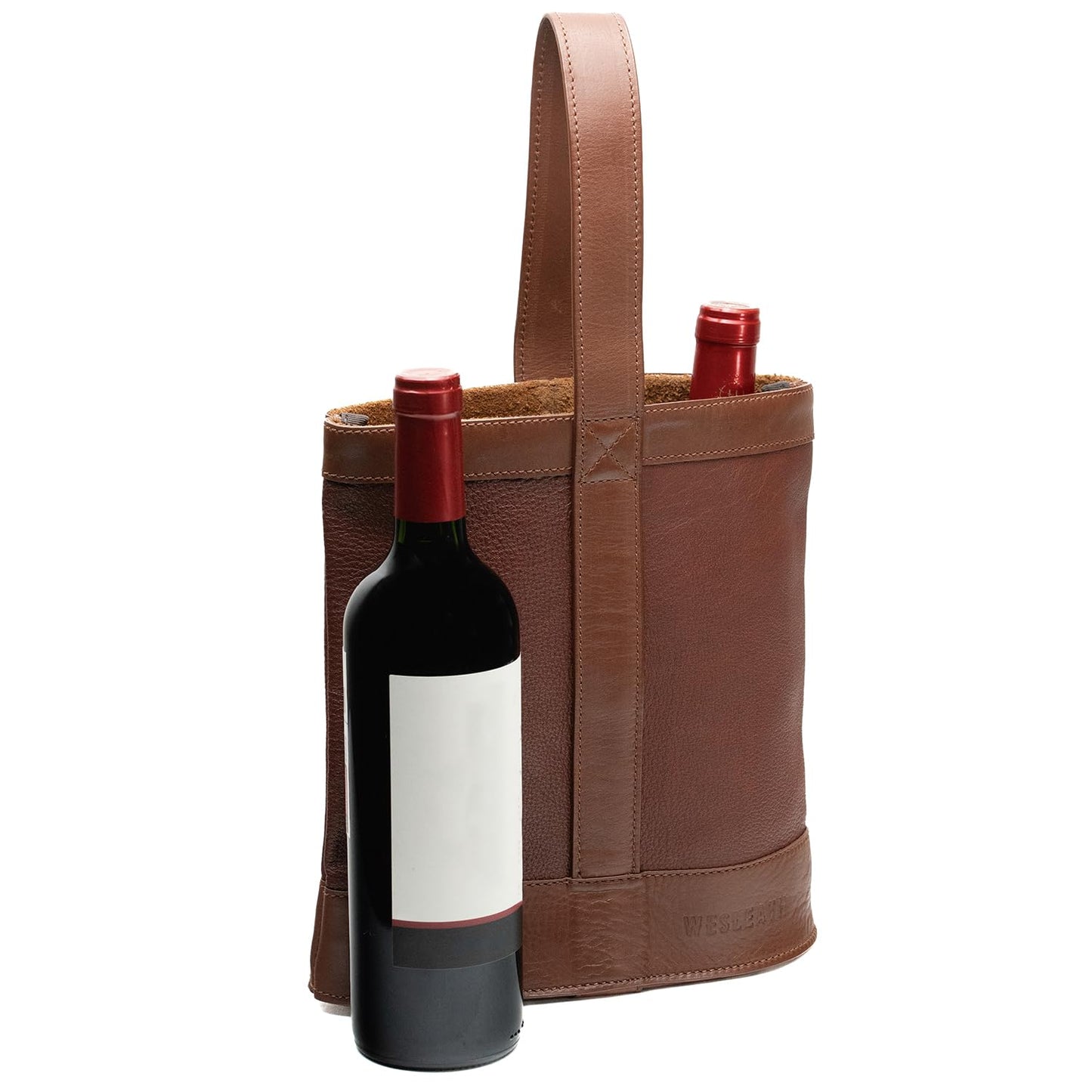 WESLEATH Double Wine Carrier Bag – Leather Wine Tote for Two Bottles with Handle – Protective Carrier for Picnic, Wine Champagne Gift Bag (Sunset)