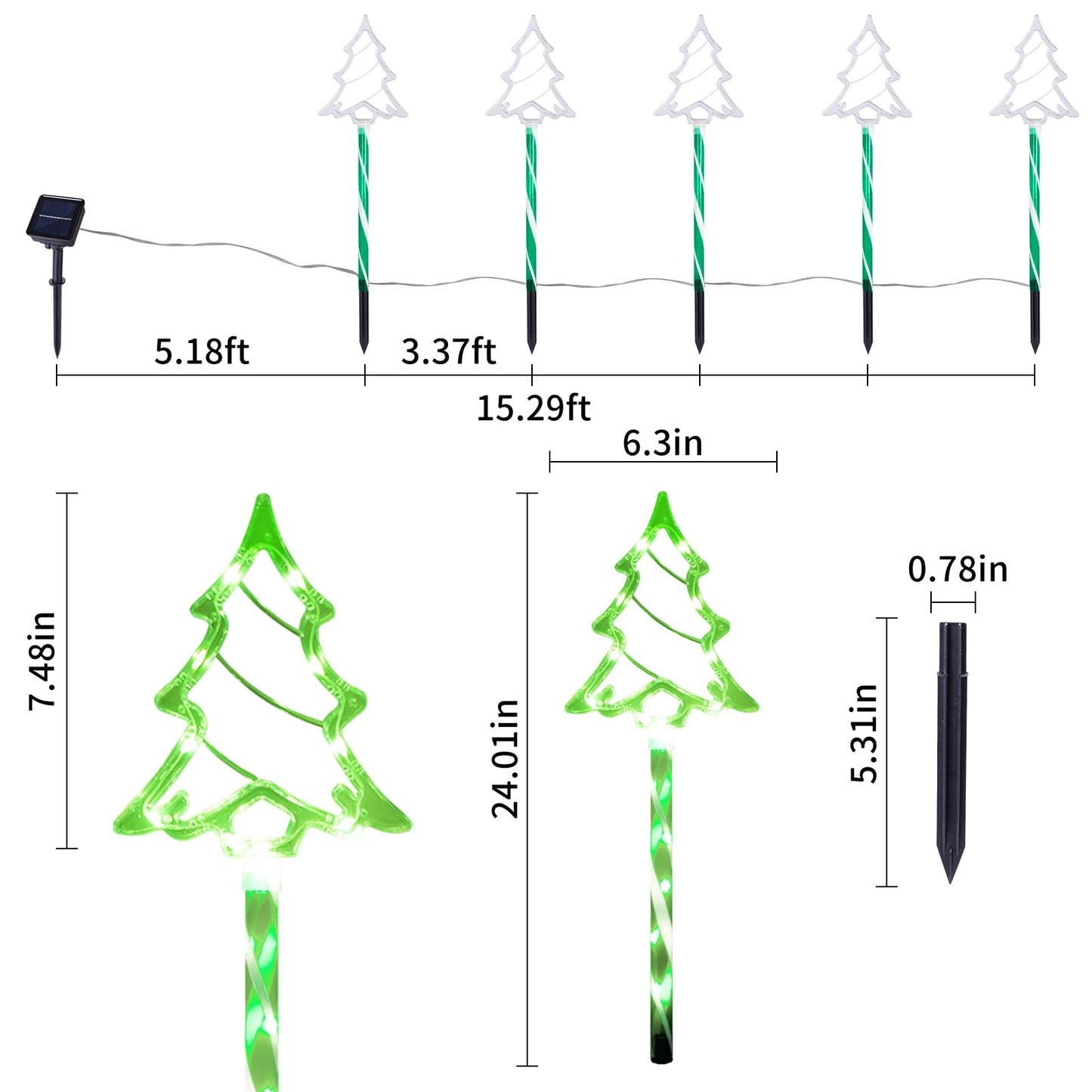 Christmas Solar Pathway Lights Outdoor Decorations, 8 Modes Xmas Tree Candy Lights Waterproof Led Garden Stake Light for Walkway Yard Lawn Porch Holiday Decor (Green Tube Tree, 5 Pack)