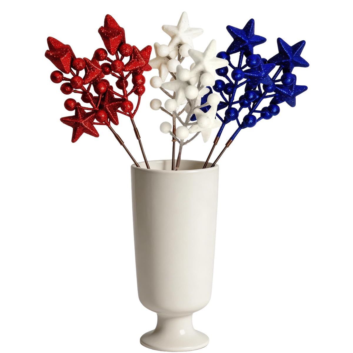 BASEMMAHER 6 Pcs Patriotic Glitter Puffy Star Berry Picks Foam Sparkly Sticks 4th of July Artificial Red White Blue Faux Berry Flower Branches for Independence Day Party Table Centerpieces Vase Decor