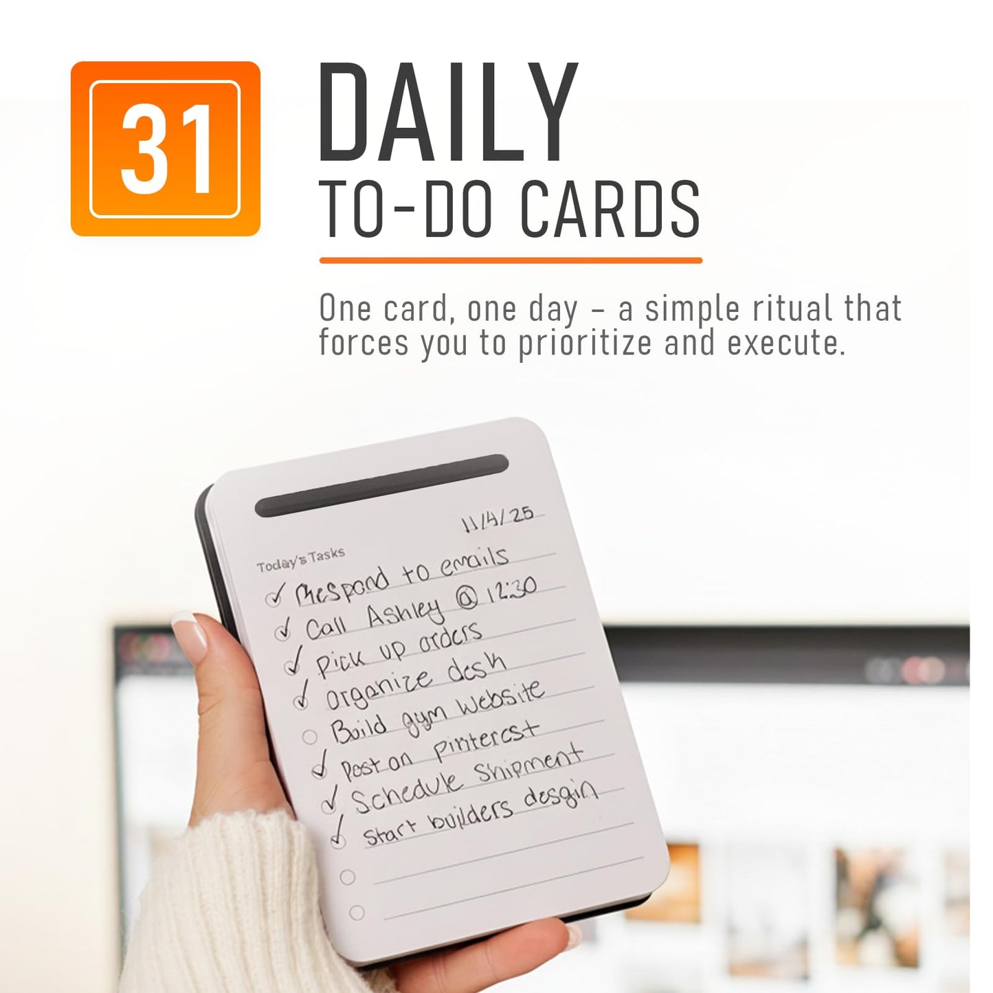 Mayurki Unstoppable Tasks – 31 Blank Daily To-Do Cards with Aluminum Desk Card Holder, Minimalist Office Productivity To-Do Cards, Modern Desk Gift for Teams, Managers & Students (Black)