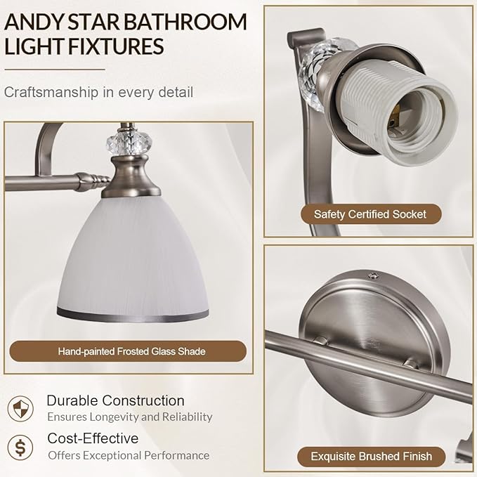 ANDY STAR Bathroom Lighting Fixtures, 5-Light Brushed Nickel Vanity Light with Milky Glass Shade, 35" Large Vanity Lights for Bathroom, E26 Socket, for Mirror, Living Room, Bedroom, Hallway