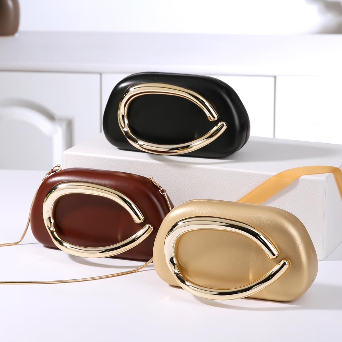 Dreubea Minimalist Gold-Tone Art Deco Clutch Bag – Elegant Metallic Accent Evening Handbag Purse for Women Coffee