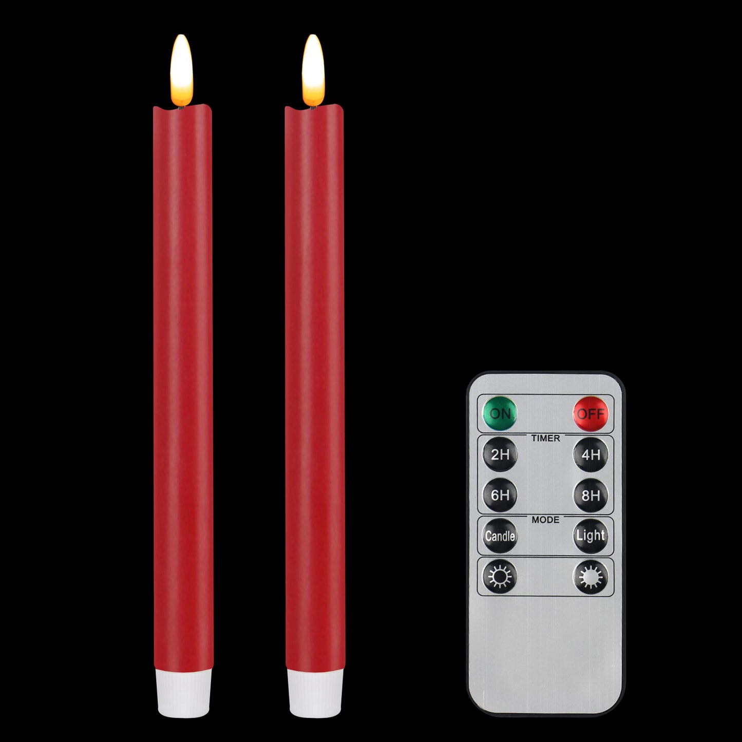 CVHOMEDECO. Real Wax Flameless Taper Candles with 10-Key Remote, Battery Operated Led Flickering 3D Wick Light Window Candles Home Christmas Party Decor 0.78 x 10 Inch, Pack of 2, Red