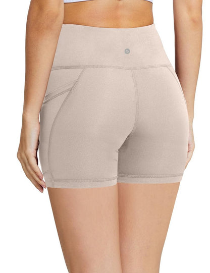 baleaf Workout Shorts Women 5" Biker Yoga Gym Spandex Running Volleyball Compression Short with Pockets Khaki S