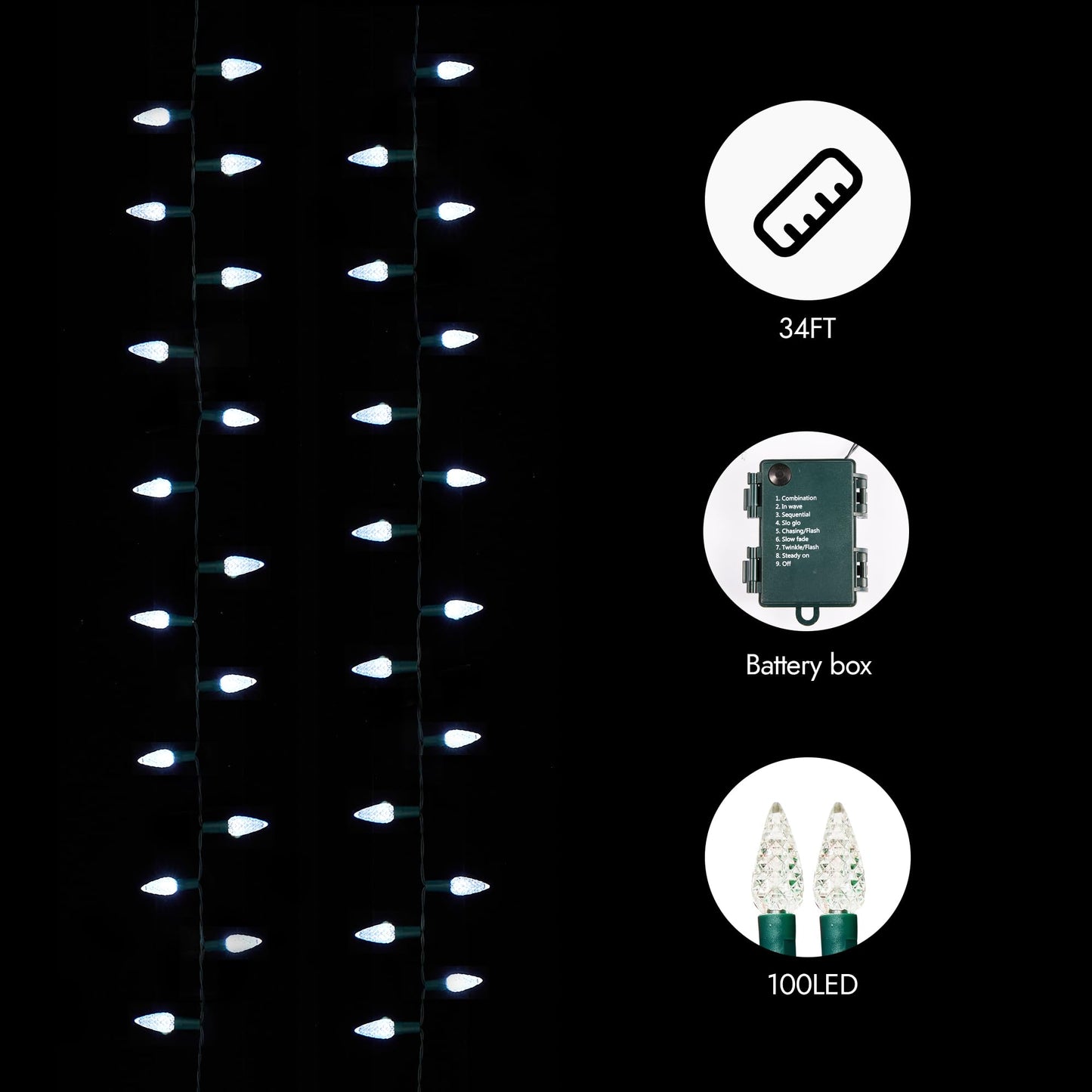 WBao Battery Operated Christmas Lights 100 LED 33ft, C6 String Lights with 8 Modes, Timer, Waterproof Design for Indoor Outdoor Christmas Trees, Fence, Stairs Xmas Decorations, Cool White