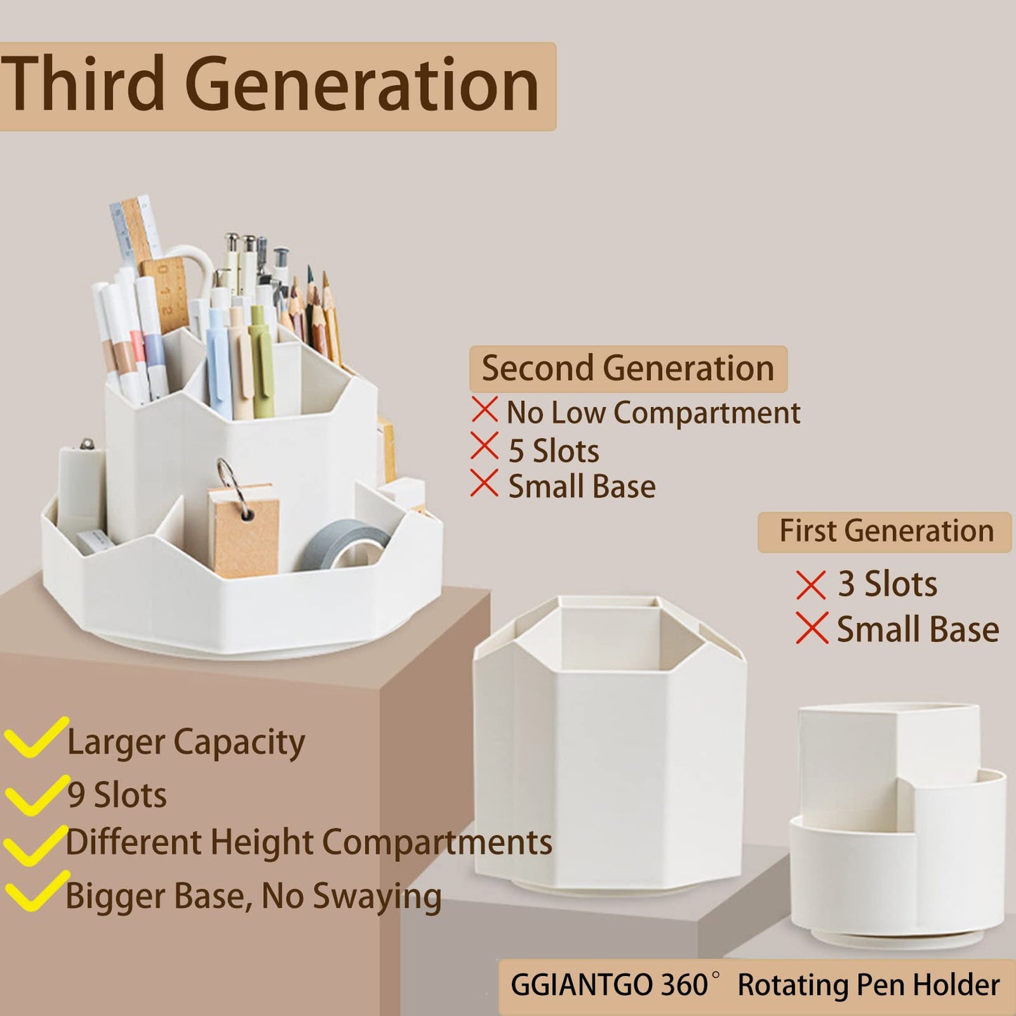 GGIANTGO Pencil Pen Holder for Desk, 9 Slots 360 Degree Rotating Desk Organizer, Cute Pen Organizers Stationery Supplies for Office Home & Art Supply (Beige)