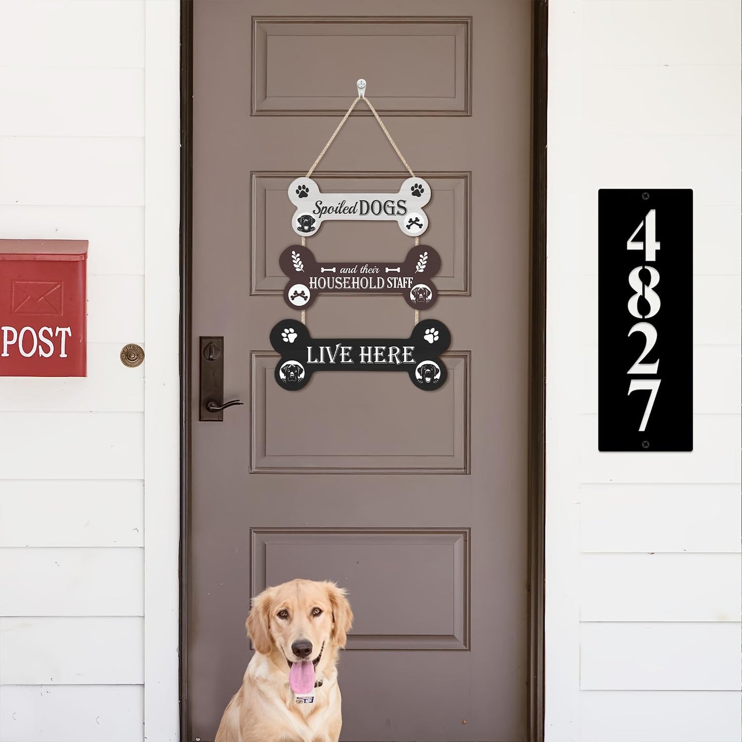 HLNIUC Funny Dog Wooden Sign,Spoiled Dogs Door Sign And Their Household Staff Live Here Wall Decor,Bone Shape Hanging Plaque for Porch Front Door,Dog Welcome People Tolerated Plaque for Dogs Lovers